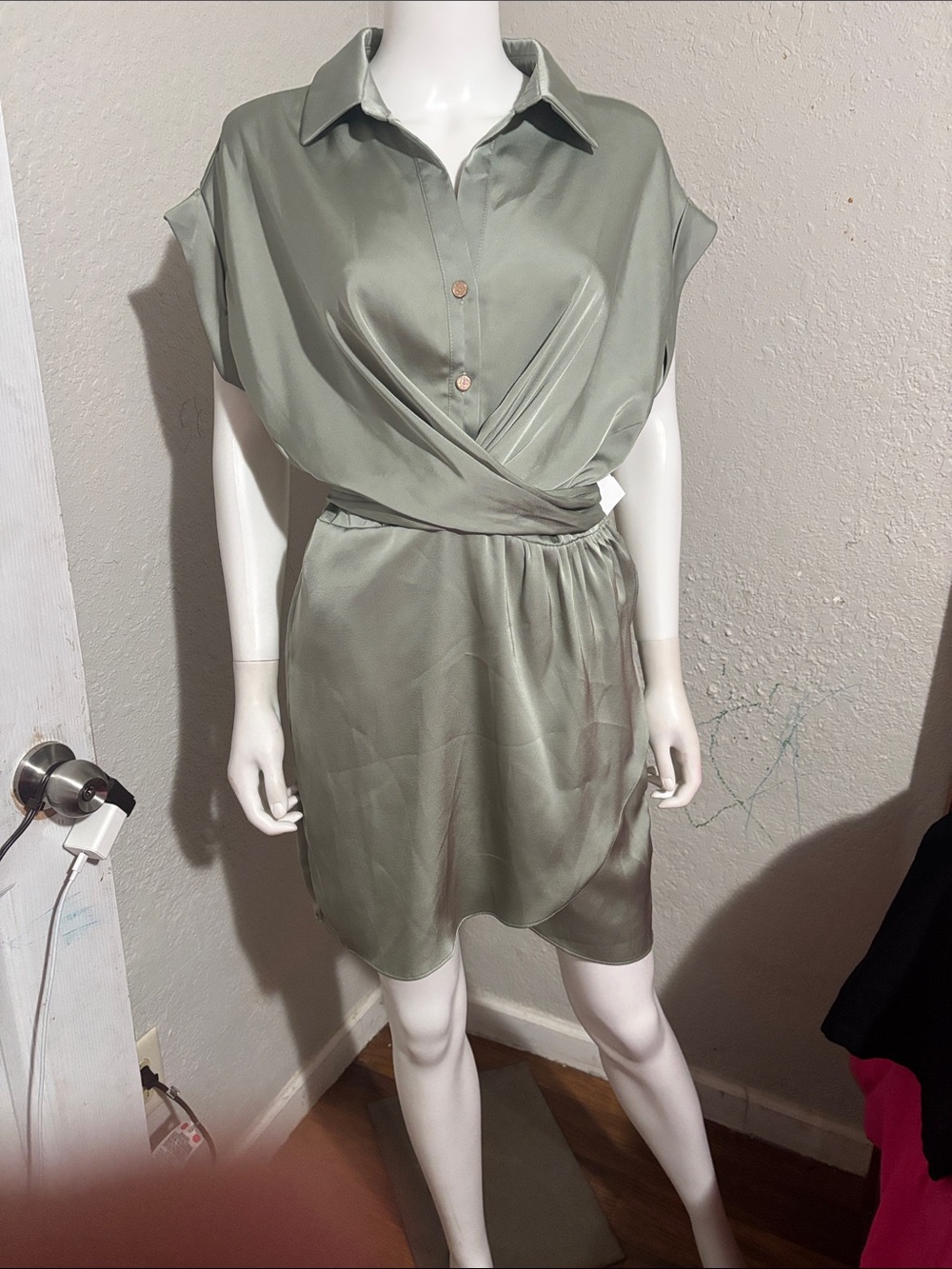 entro Satin Faux-Wrap Mini Dress in Sage - Picture 2 of 12